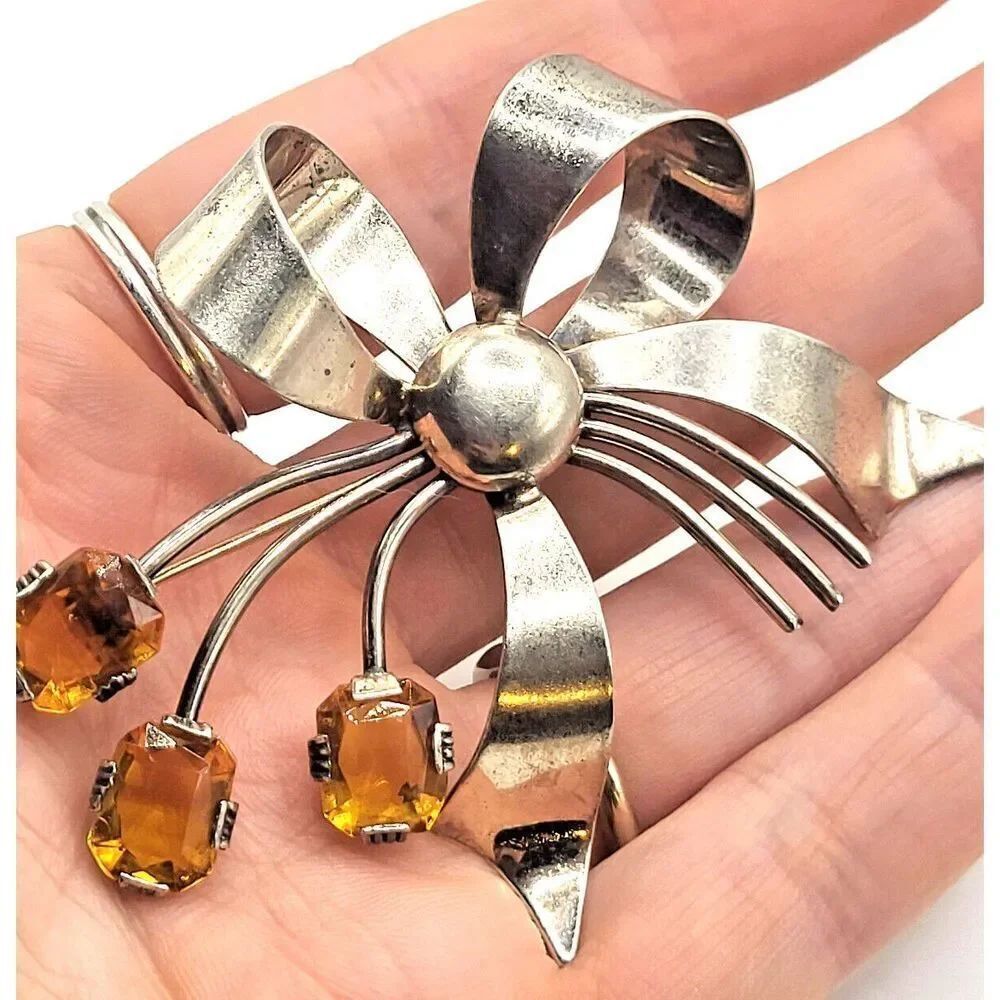 Sterling Silver Topaz Colored Rhinestone Large Bow Brooch 16.8g 2.5in